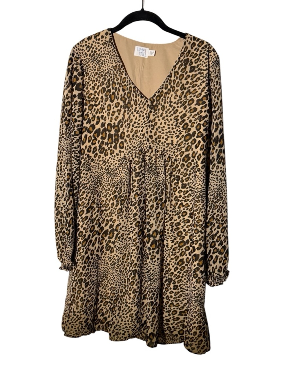 Time and Tru Cheetah Print Flowy V Neck Long Sleeve Dress Size Small